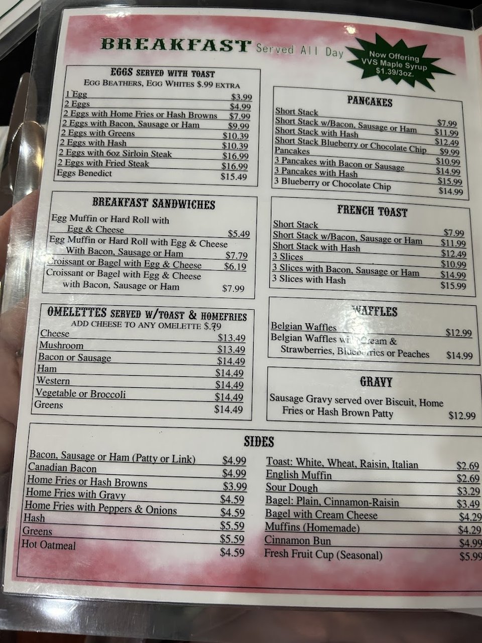 Printed menu with breakfast, lunch, and dinner options.