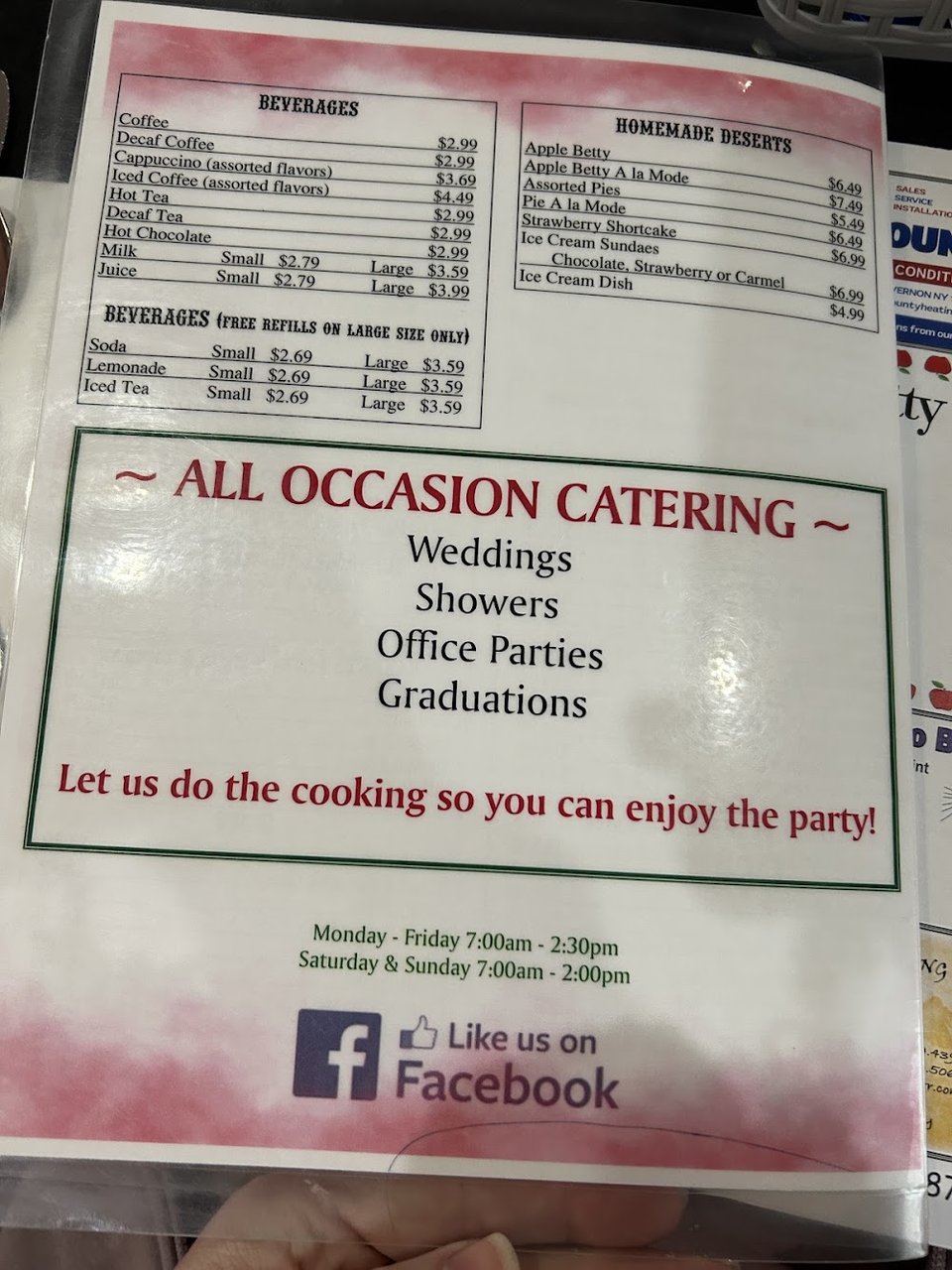Restaurant menu page with coffee and dessert items.