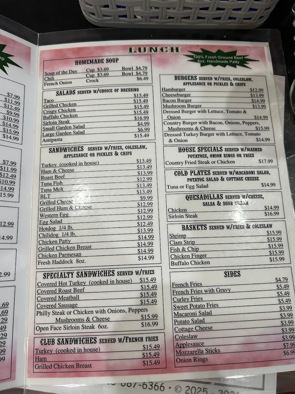 Simple menu layout for casual dining choices.